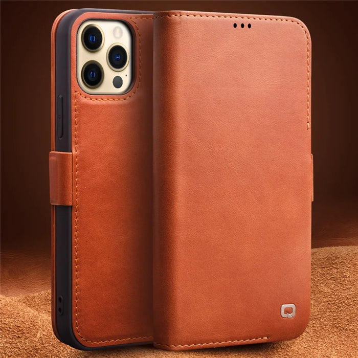 QIALINO For iPhone 12 mini 5.4 inch Magnetic Closure Genuine Leather Wallet Phone Case Stand Cover - Brown - 2