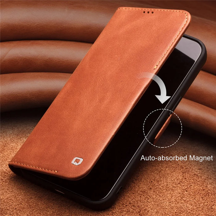 QIALINO For iPhone 12 mini 5.4 inch Magnetic Closure Genuine Leather Wallet Phone Case Stand Cover - Brown - 4