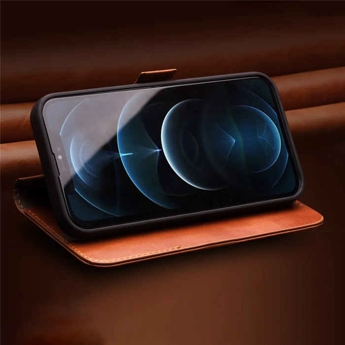 QIALINO For iPhone 12 mini 5.4 inch Magnetic Closure Genuine Leather Wallet Phone Case Stand Cover - Brown - 5