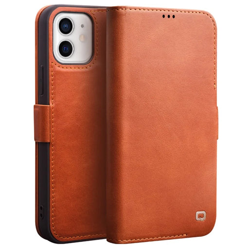 QIALINO For iPhone 12 6.1 inch Foldable Stand Genuine Leather Wallet Phone Case Shell with Magnetic Clasp - Brown - 1