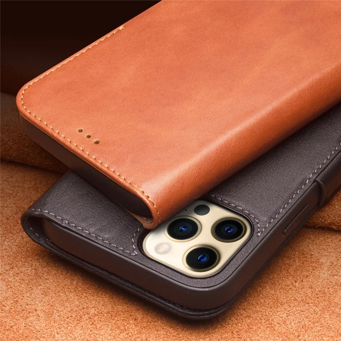 QIALINO For iPhone 12 6.1 inch Foldable Stand Genuine Leather Wallet Phone Case Shell with Magnetic Clasp - Brown - 7