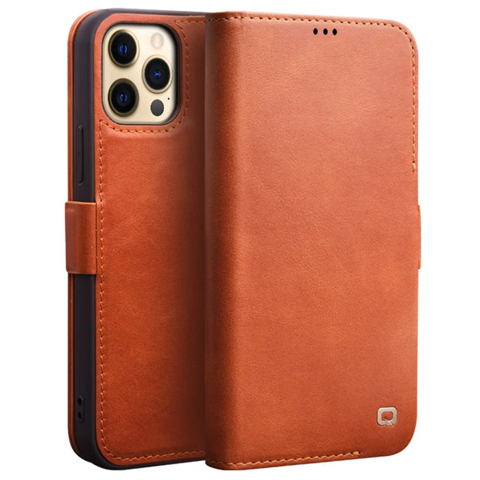 QIALINO For iPhone 12 Pro 6.1 inch Magnetic Clasp Genuine Leather Phone Case Wallet Stand Protective Cover - Brown - 1