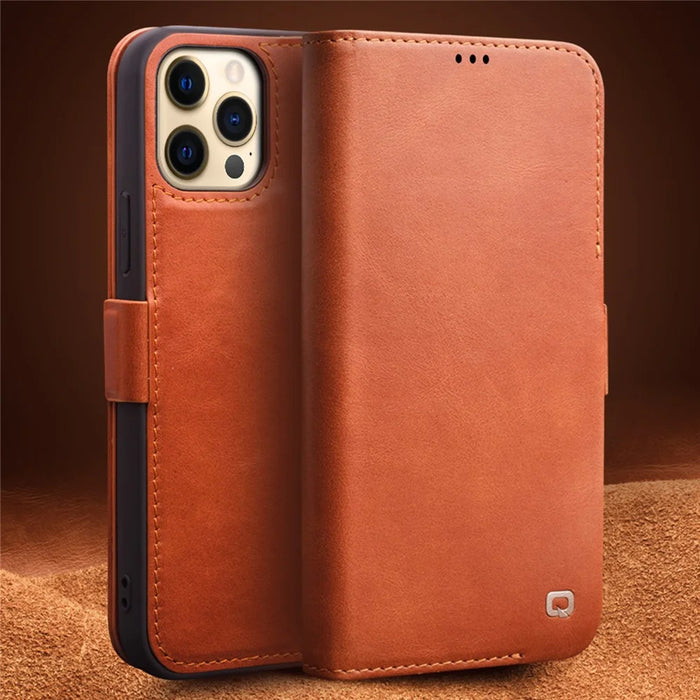 QIALINO For iPhone 12 Pro 6.1 inch Magnetic Clasp Genuine Leather Phone Case Wallet Stand Protective Cover - Brown - 2
