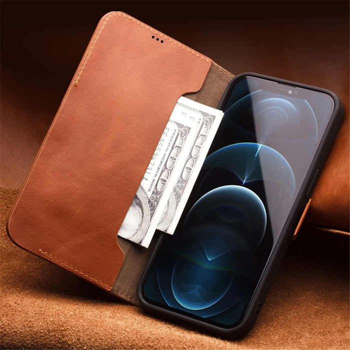 QIALINO For iPhone 12 Pro 6.1 inch Magnetic Clasp Genuine Leather Phone Case Wallet Stand Protective Cover - Brown - 3