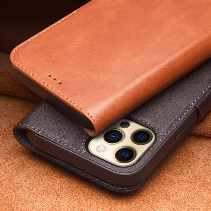QIALINO For iPhone 12 Pro 6.1 inch Magnetic Clasp Genuine Leather Phone Case Wallet Stand Protective Cover - Brown - 7