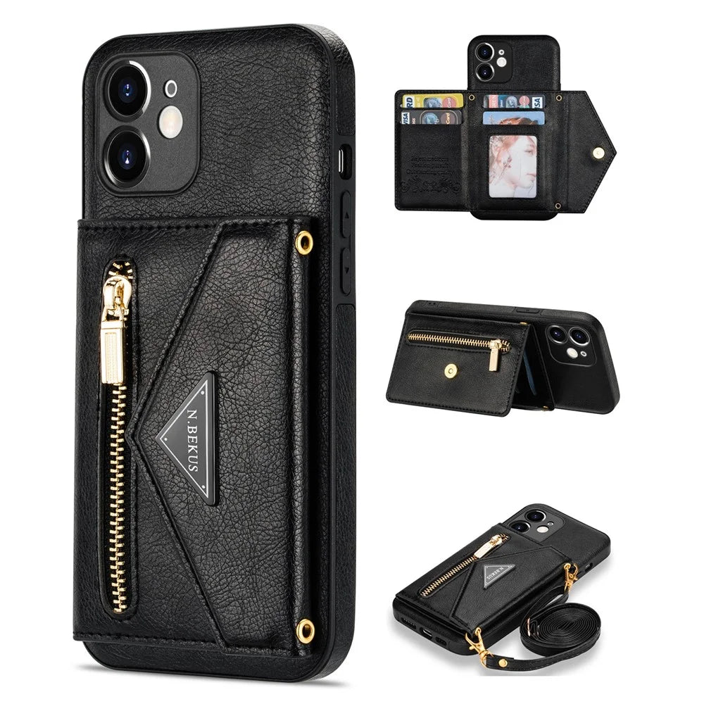 N.BEKUS for iPhone 12 6.1 inch Shockproof Zippered Pocket Wallet Design PU Leather + TPU Phone Case with Kickstand - Black - 1