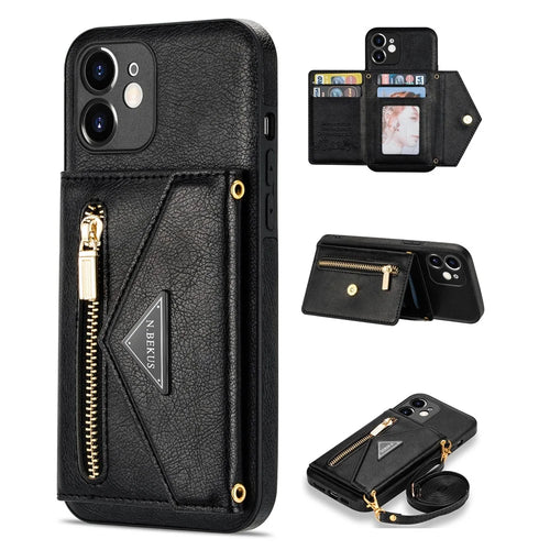 N.BEKUS for iPhone 12 6.1 inch Shockproof Zippered Pocket Wallet Design PU Leather + TPU Phone Case with Kickstand - Black - 1