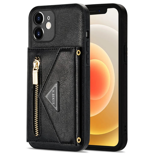 N.BEKUS for iPhone 12 6.1 inch Shockproof Zippered Pocket Wallet Design PU Leather + TPU Phone Case with Kickstand - Black - 2