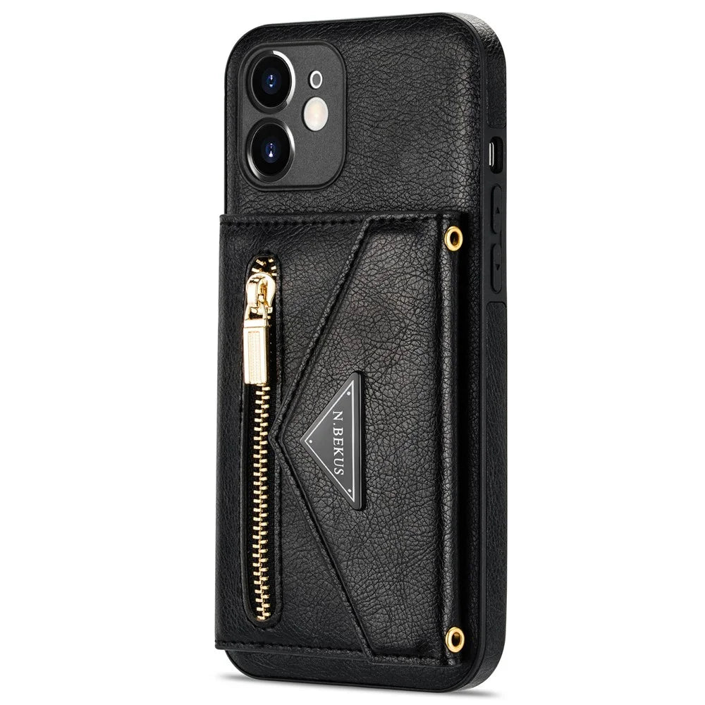 N.BEKUS for iPhone 12 6.1 inch Shockproof Zippered Pocket Wallet Design PU Leather + TPU Phone Case with Kickstand - Black - 3