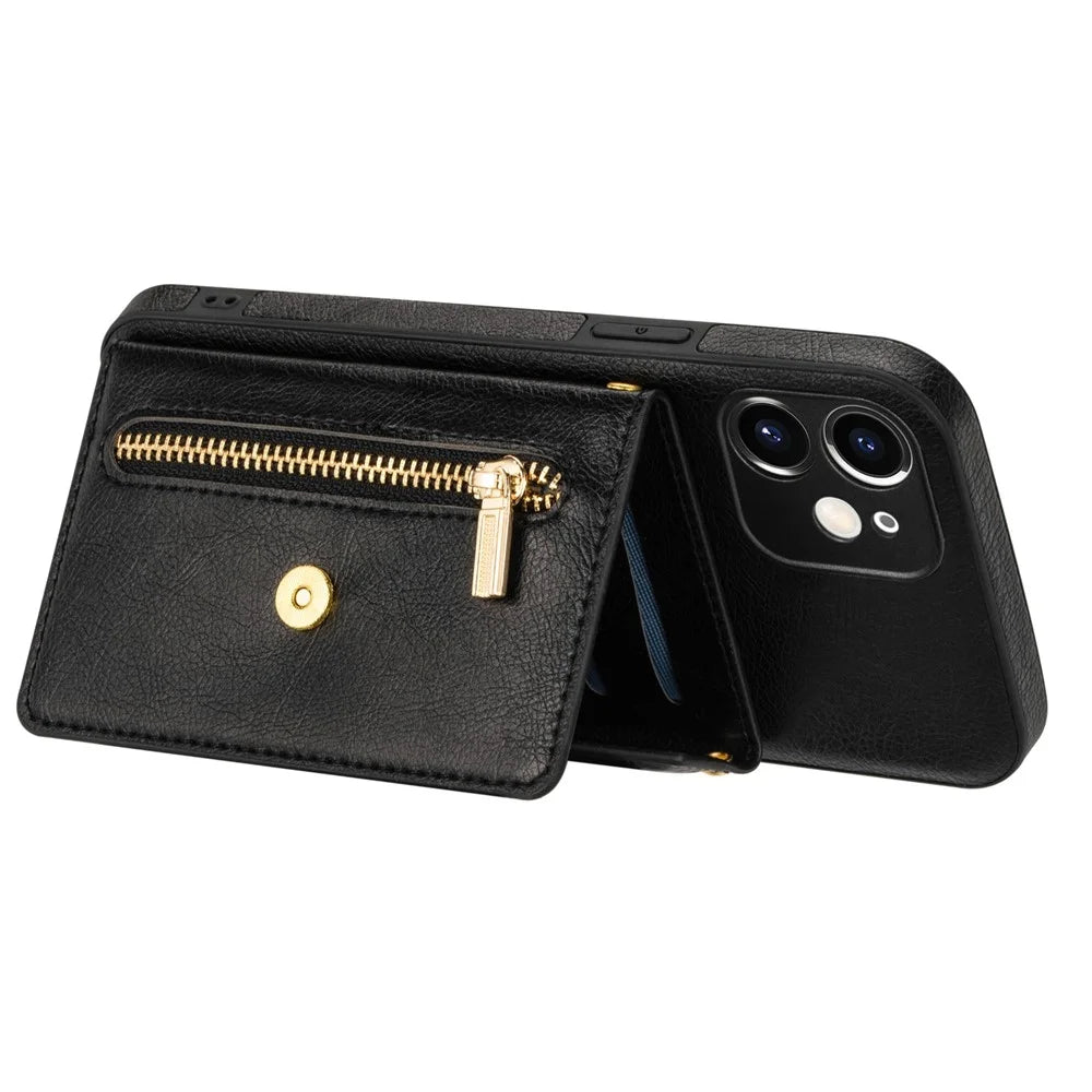 N.BEKUS for iPhone 12 6.1 inch Shockproof Zippered Pocket Wallet Design PU Leather + TPU Phone Case with Kickstand - Black - 4