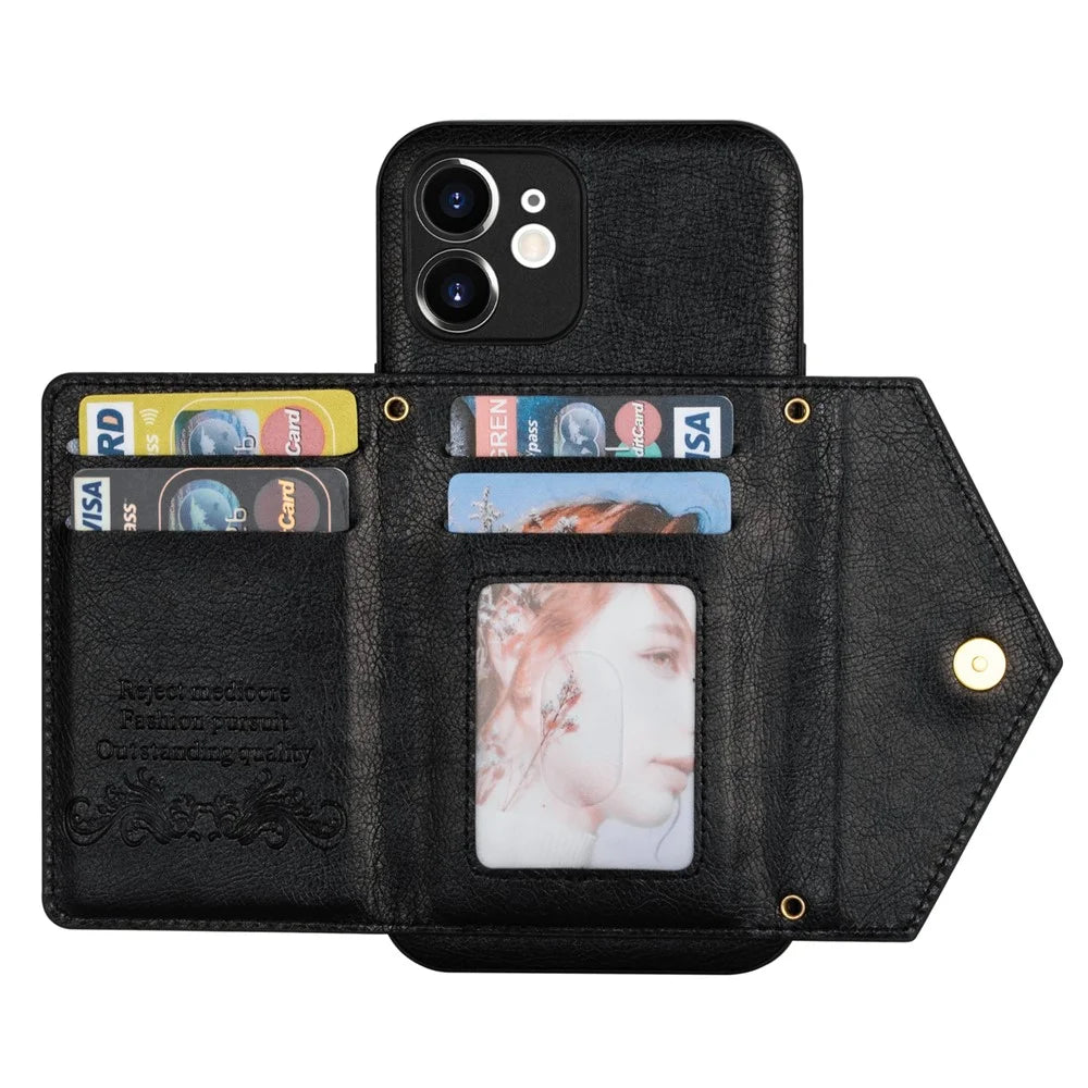N.BEKUS for iPhone 12 6.1 inch Shockproof Zippered Pocket Wallet Design PU Leather + TPU Phone Case with Kickstand - Black - 6