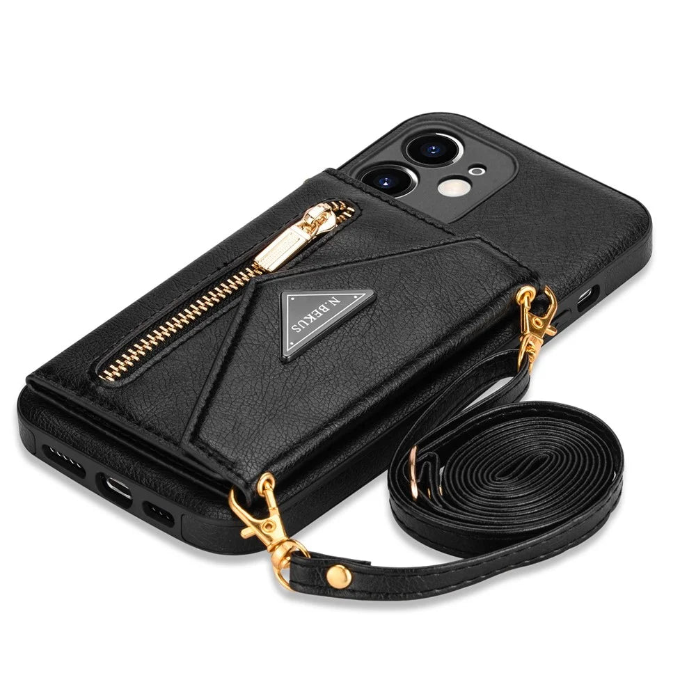 N.BEKUS for iPhone 12 6.1 inch Shockproof Zippered Pocket Wallet Design PU Leather + TPU Phone Case with Kickstand - Black - 7