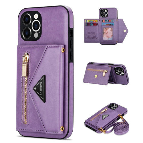 N.BEKUS for iPhone 12 Pro 6.1 inch Kickstand Design Zippered Pocket PU Leather + TPU Phone Case with Long Lanyard - Purple - 1