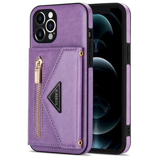N.BEKUS for iPhone 12 Pro 6.1 inch Kickstand Design Zippered Pocket PU Leather + TPU Phone Case with Long Lanyard - Purple - 2