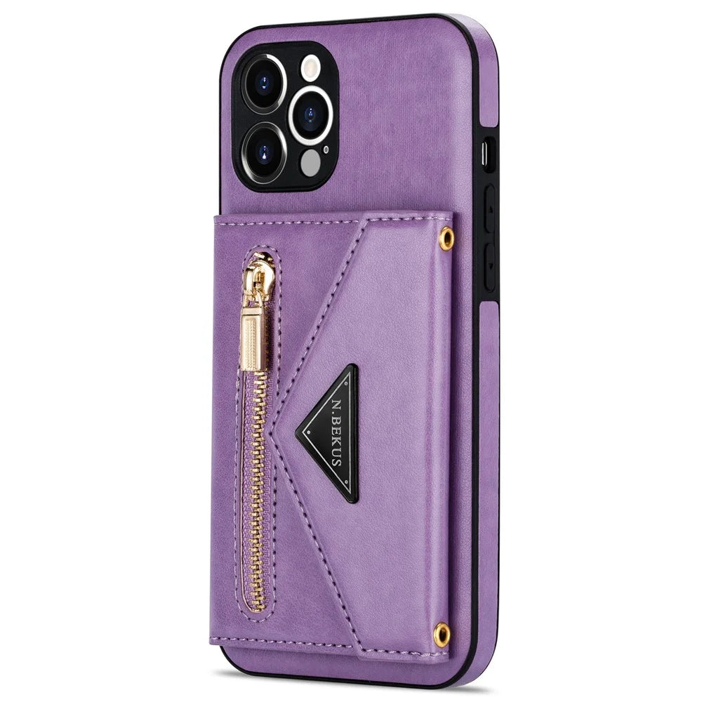 N.BEKUS for iPhone 12 Pro 6.1 inch Kickstand Design Zippered Pocket PU Leather + TPU Phone Case with Long Lanyard - Purple - 3