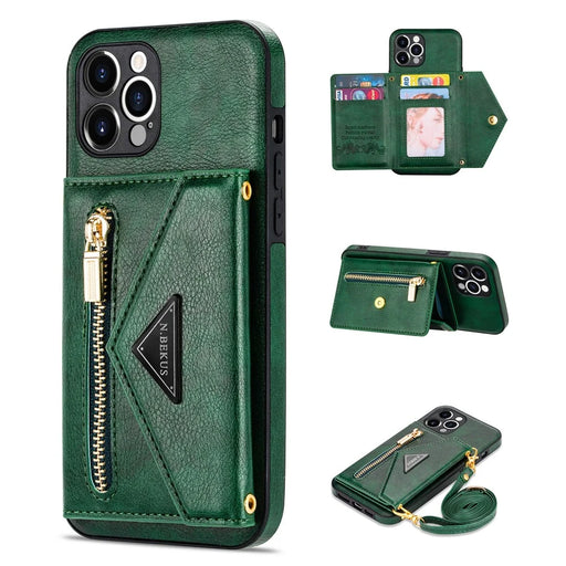 N.BEKUS for iPhone 12 Pro Max 6.7 inch Kickstand Design Wallet Well-protected PU Leather + TPU Cell Phone Case with Long Lanyard - Blackish Green - 1