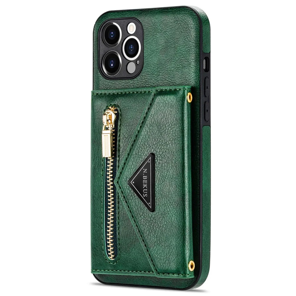 N.BEKUS for iPhone 12 Pro Max 6.7 inch Kickstand Design Wallet Well-protected PU Leather + TPU Cell Phone Case with Long Lanyard - Blackish Green - 3