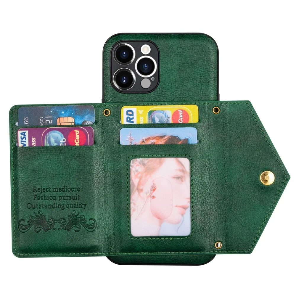 N.BEKUS for iPhone 12 Pro Max 6.7 inch Kickstand Design Wallet Well-protected PU Leather + TPU Cell Phone Case with Long Lanyard - Blackish Green - 5