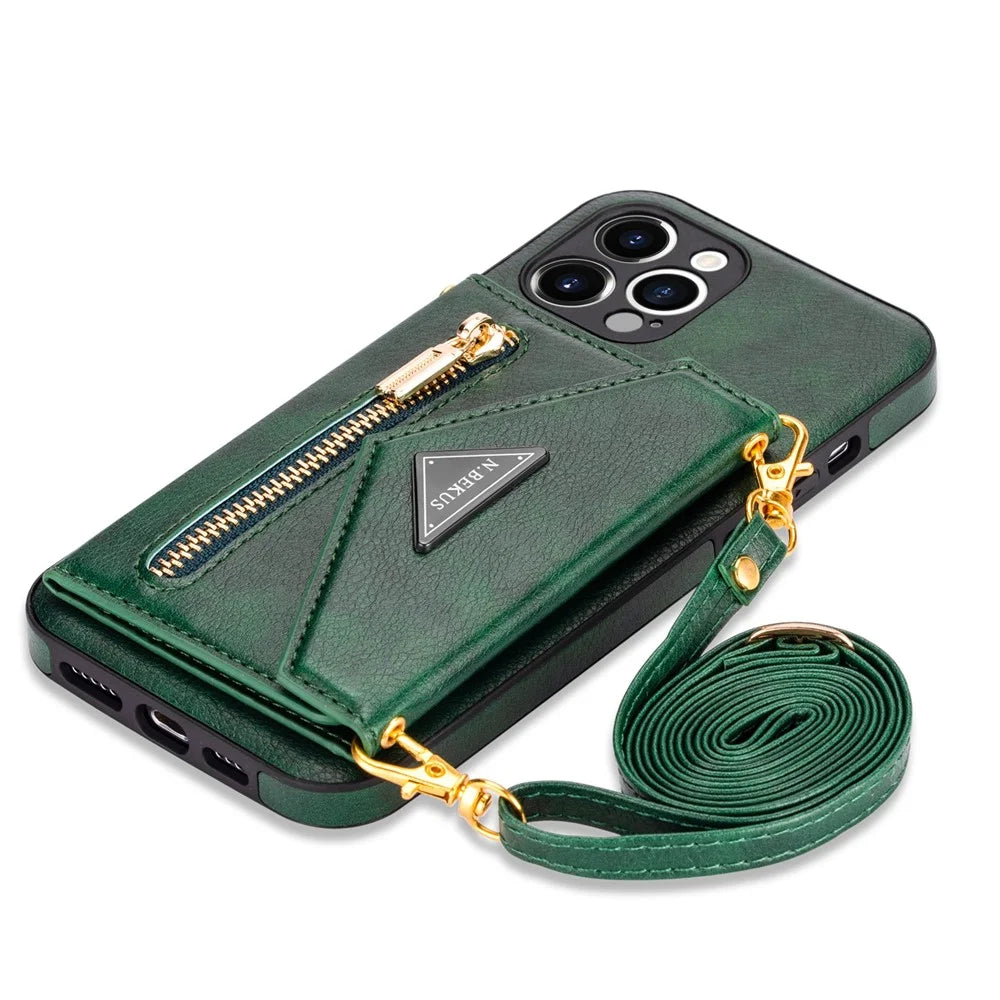 N.BEKUS for iPhone 12 Pro Max 6.7 inch Kickstand Design Wallet Well-protected PU Leather + TPU Cell Phone Case with Long Lanyard - Blackish Green - 6
