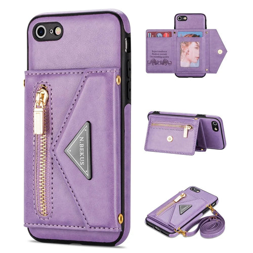 N.BEKUS for iPhone SE (2022)/SE (2020)/8/7 Kickstand Design Wallet PU Leather + TPU Shockproof Stylish Mobile Phone Case with Long Lanyard - Purple - 1