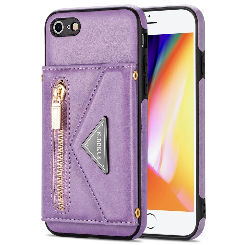 N.BEKUS for iPhone SE (2022)/SE (2020)/8/7 Kickstand Design Wallet PU Leather + TPU Shockproof Stylish Mobile Phone Case with Long Lanyard - Purple - 2