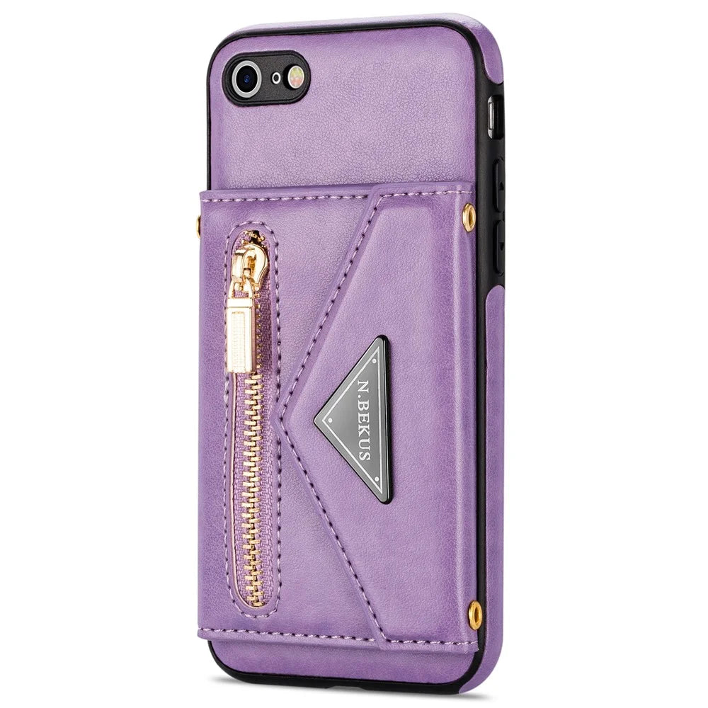 N.BEKUS for iPhone SE (2022)/SE (2020)/8/7 Kickstand Design Wallet PU Leather + TPU Shockproof Stylish Mobile Phone Case with Long Lanyard - Purple - 3