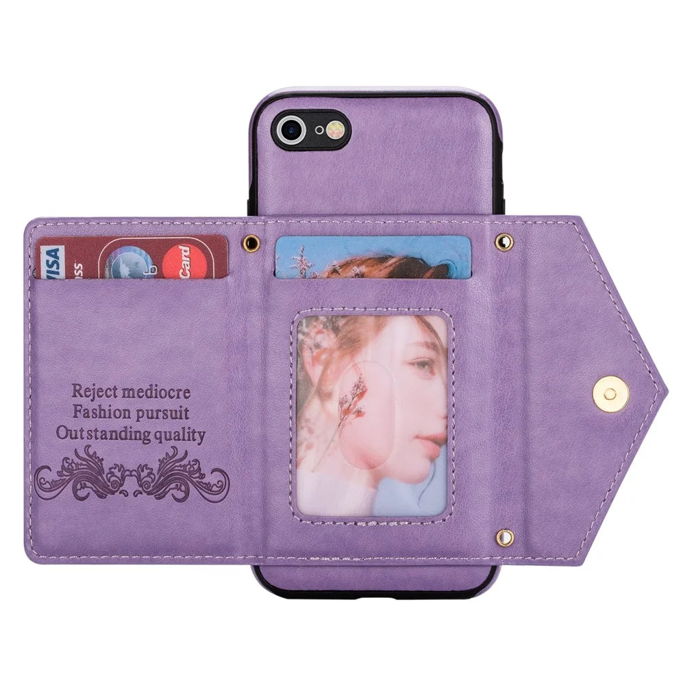 N.BEKUS for iPhone SE (2022)/SE (2020)/8/7 Kickstand Design Wallet PU Leather + TPU Shockproof Stylish Mobile Phone Case with Long Lanyard - Purple - 5