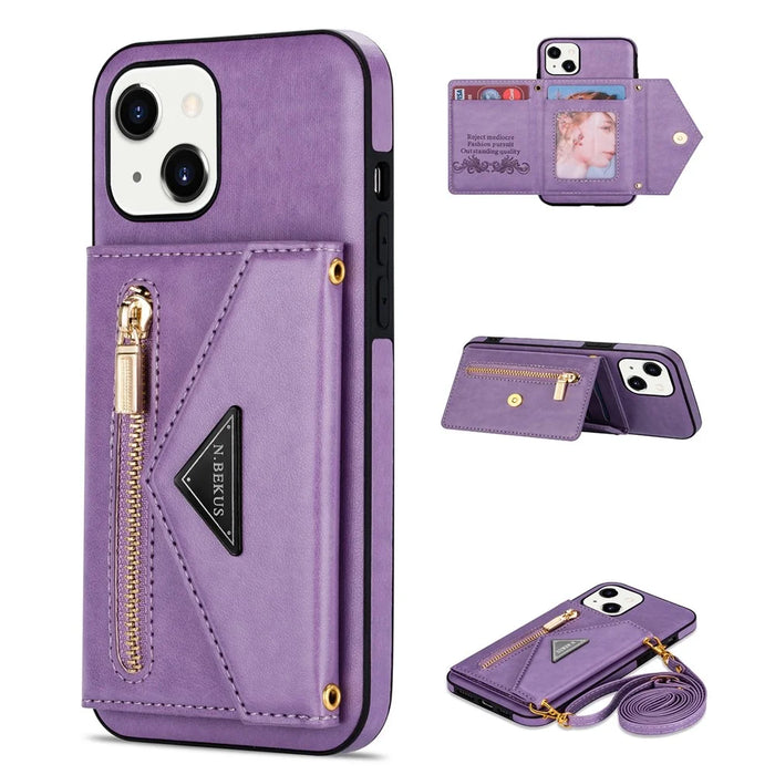 N.BEKUS for iPhone 13 mini 5.4 inch Anti-fall Kickstand Design Snap Button Wallet PU Leather + TPU Phone Case - Purple - 1