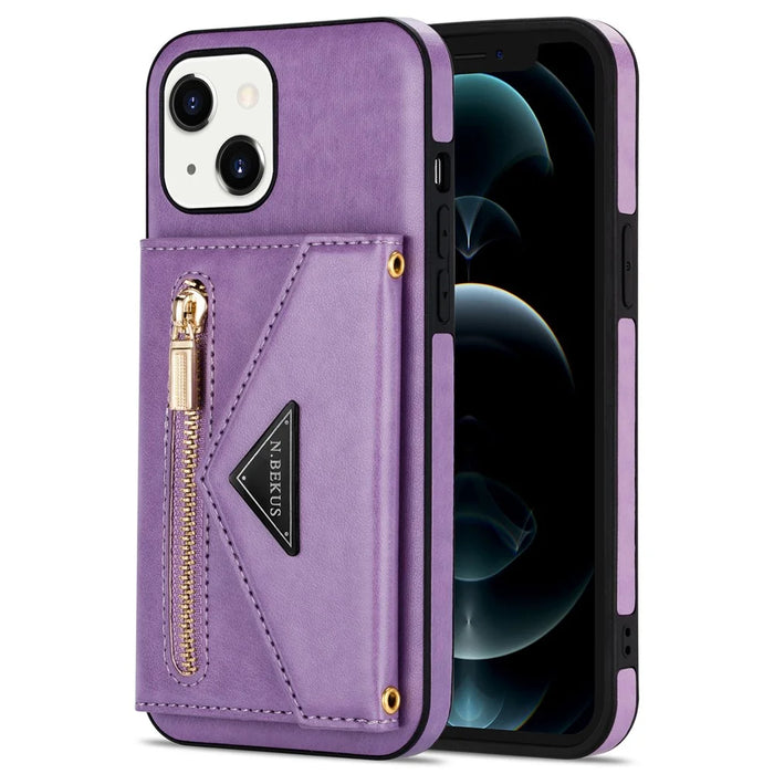 N.BEKUS for iPhone 13 mini 5.4 inch Anti-fall Kickstand Design Snap Button Wallet PU Leather + TPU Phone Case - Purple - 2