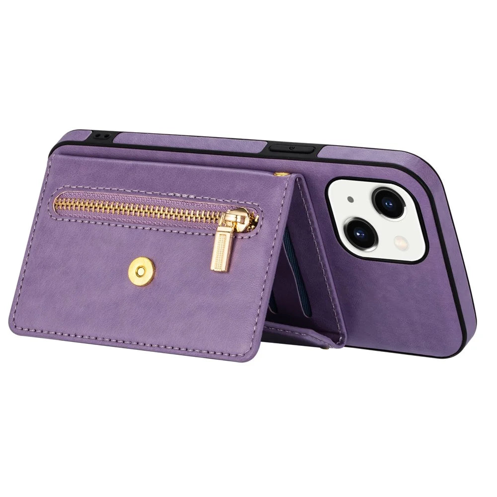 N.BEKUS for iPhone 13 mini 5.4 inch Anti-fall Kickstand Design Snap Button Wallet PU Leather + TPU Phone Case - Purple - 4