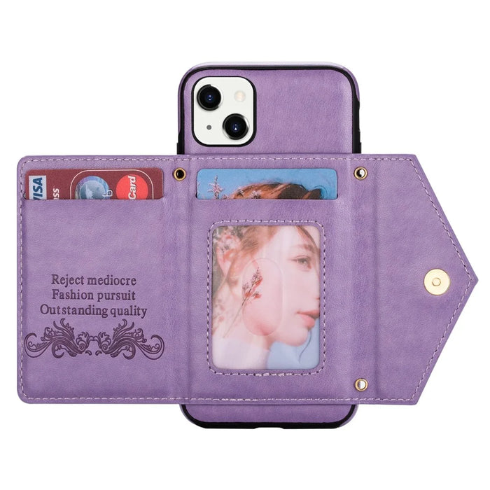 N.BEKUS for iPhone 13 mini 5.4 inch Anti-fall Kickstand Design Snap Button Wallet PU Leather + TPU Phone Case - Purple - 5