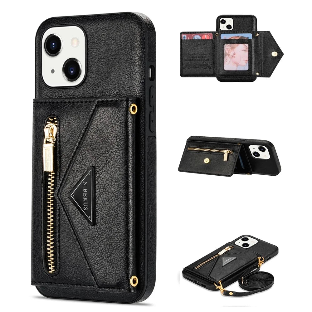 N.BEKUS for iPhone 13 6.1 inch Long Lanyard Anti-fall Wallet PU Leather + TPU Mobile Phone Case with Kickstand - Black - 1
