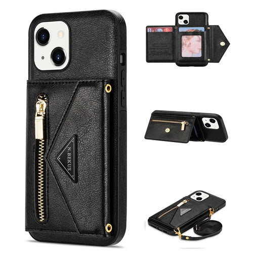 N.BEKUS for iPhone 13 6.1 inch Long Lanyard Anti-fall Wallet PU Leather + TPU Mobile Phone Case with Kickstand - Black - 1