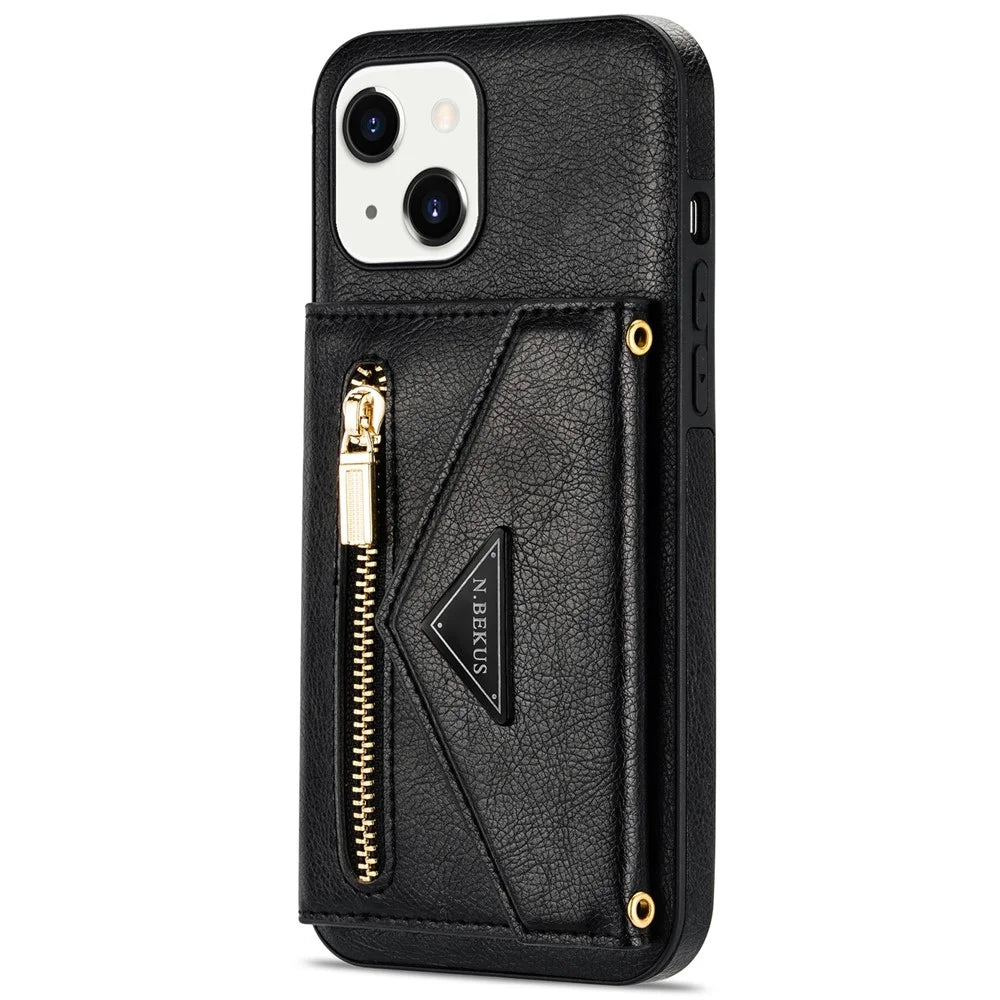 N.BEKUS for iPhone 13 6.1 inch Long Lanyard Anti-fall Wallet PU Leather + TPU Mobile Phone Case with Kickstand - Black - 3