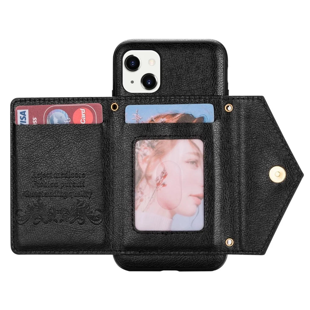 N.BEKUS for iPhone 13 6.1 inch Long Lanyard Anti-fall Wallet PU Leather + TPU Mobile Phone Case with Kickstand - Black - 5