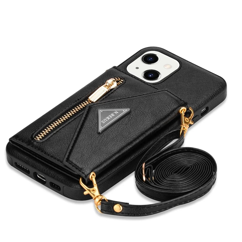 N.BEKUS for iPhone 13 6.1 inch Long Lanyard Anti-fall Wallet PU Leather + TPU Mobile Phone Case with Kickstand - Black - 6