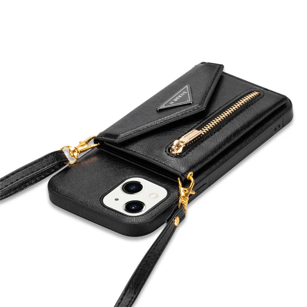 N.BEKUS for iPhone 13 6.1 inch Long Lanyard Anti-fall Wallet PU Leather + TPU Mobile Phone Case with Kickstand - Black - 7