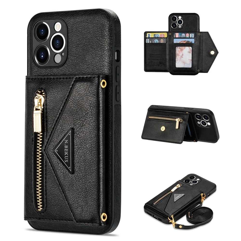 N.BEKUS for iPhone 13 Pro 6.1 inch Anti-scratch Drop-proof Kickstand Design Wallet PU Leather + TPU Phone Shell Case with Long Lanyard - Black - 1