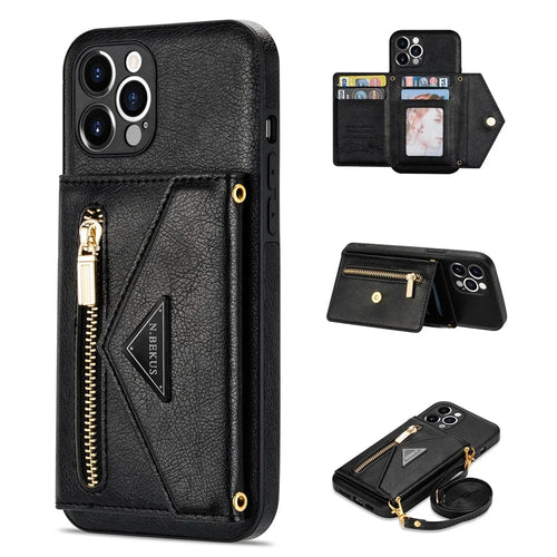 N.BEKUS for iPhone 13 Pro 6.1 inch Anti-scratch Drop-proof Kickstand Design Wallet PU Leather + TPU Phone Shell Case with Long Lanyard - Black - 1