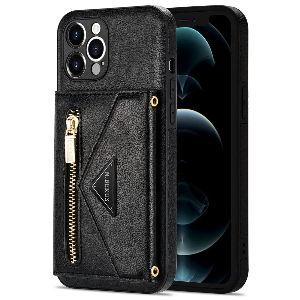 N.BEKUS for iPhone 13 Pro 6.1 inch Anti-scratch Drop-proof Kickstand Design Wallet PU Leather + TPU Phone Shell Case with Long Lanyard - Black - 2