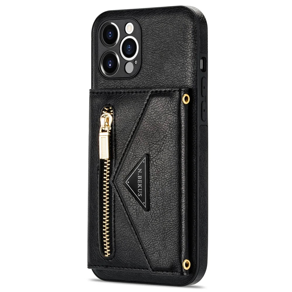 N.BEKUS for iPhone 13 Pro 6.1 inch Anti-scratch Drop-proof Kickstand Design Wallet PU Leather + TPU Phone Shell Case with Long Lanyard - Black - 3