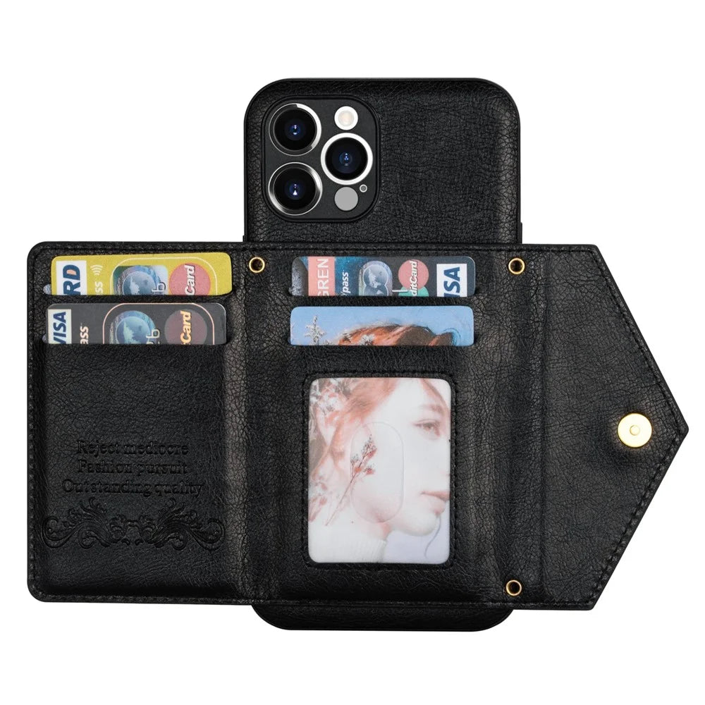 N.BEKUS for iPhone 13 Pro 6.1 inch Anti-scratch Drop-proof Kickstand Design Wallet PU Leather + TPU Phone Shell Case with Long Lanyard - Black - 5