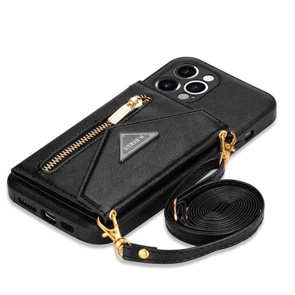 N.BEKUS for iPhone 13 Pro 6.1 inch Anti-scratch Drop-proof Kickstand Design Wallet PU Leather + TPU Phone Shell Case with Long Lanyard - Black - 6