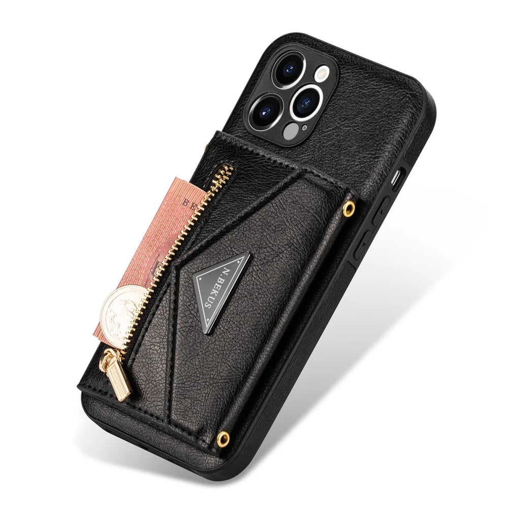 N.BEKUS for iPhone 13 Pro 6.1 inch Anti-scratch Drop-proof Kickstand Design Wallet PU Leather + TPU Phone Shell Case with Long Lanyard - Black - 7