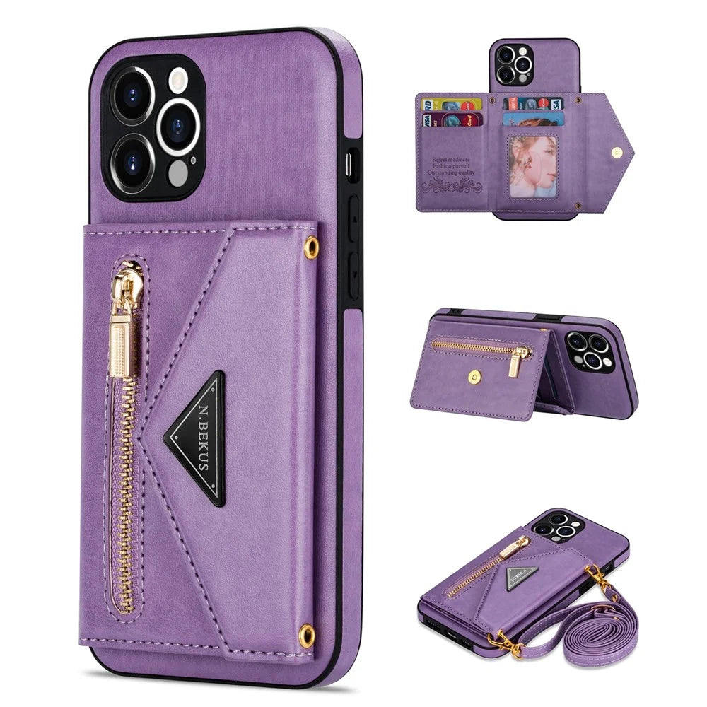 N.BEKUS for iPhone 13 Pro Max 6.7 inch Kickstand Design Snap Button Wallet Scratch-resistant PU Leather + TPU Protective Phone Case - Purple - 1