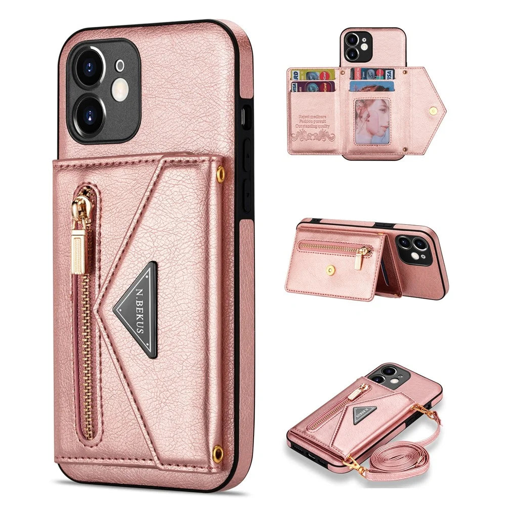 N.BEKUS for iPhone 12 mini 5.4 inch Kickstand Design Wallet Anti-scratch Drop-proof PU Leather + TPU Mobile Phone Case with Long Lanyard - Pink - 1