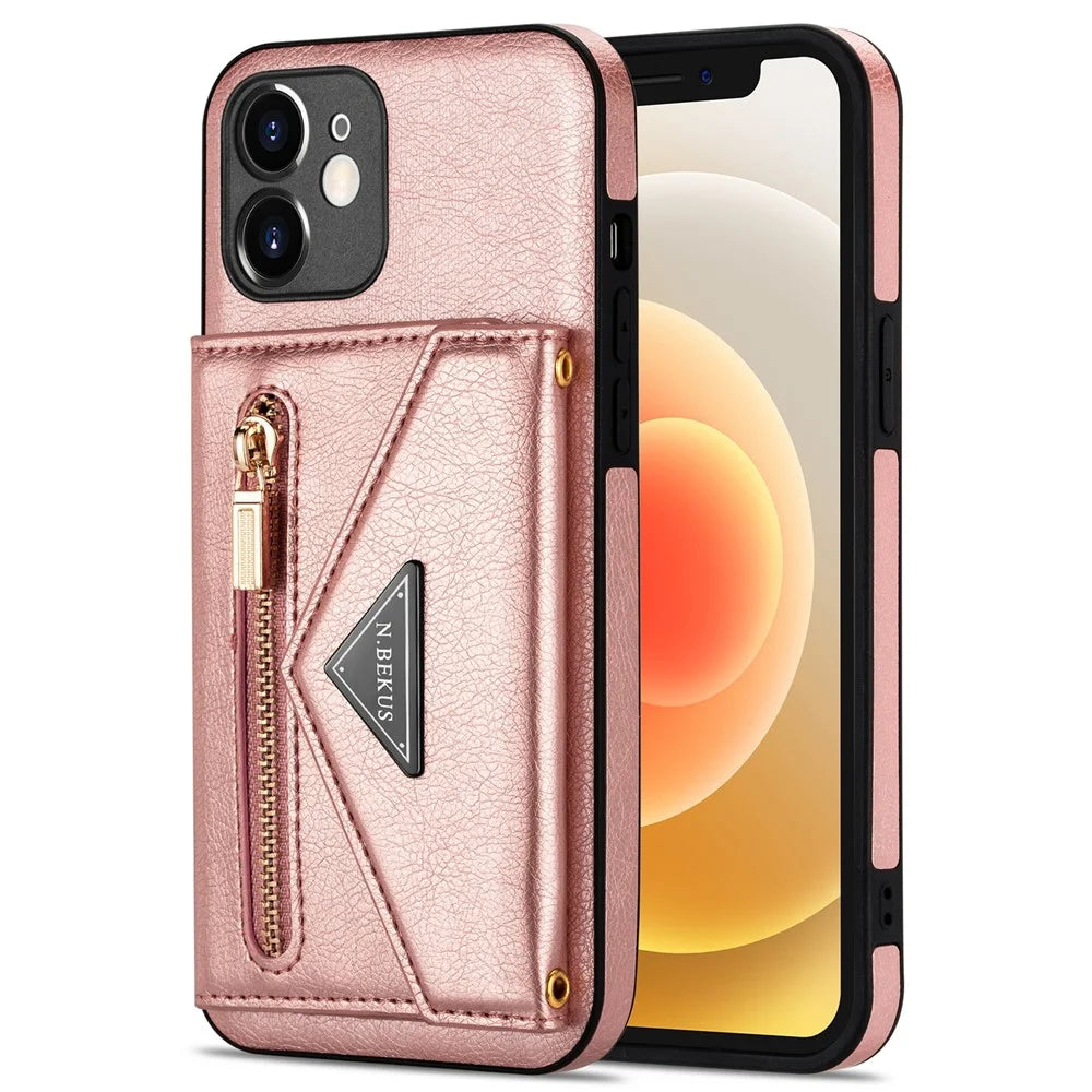 N.BEKUS for iPhone 12 mini 5.4 inch Kickstand Design Wallet Anti-scratch Drop-proof PU Leather + TPU Mobile Phone Case with Long Lanyard - Pink - 2