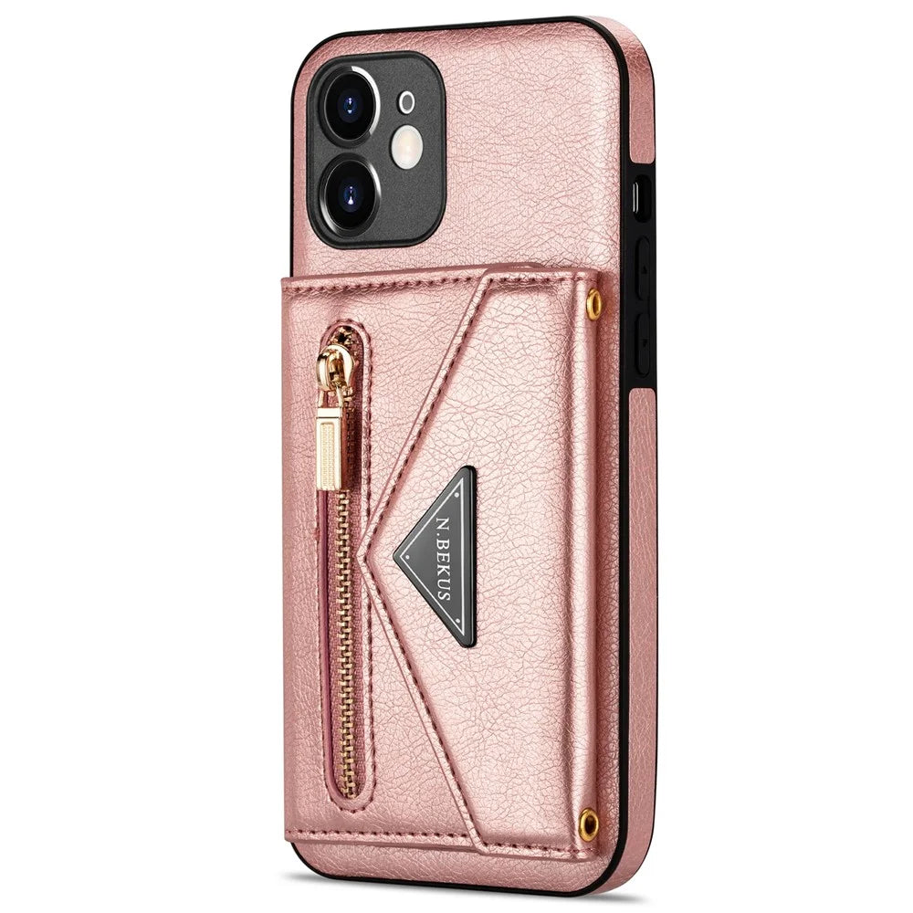 N.BEKUS for iPhone 12 mini 5.4 inch Kickstand Design Wallet Anti-scratch Drop-proof PU Leather + TPU Mobile Phone Case with Long Lanyard - Pink - 3