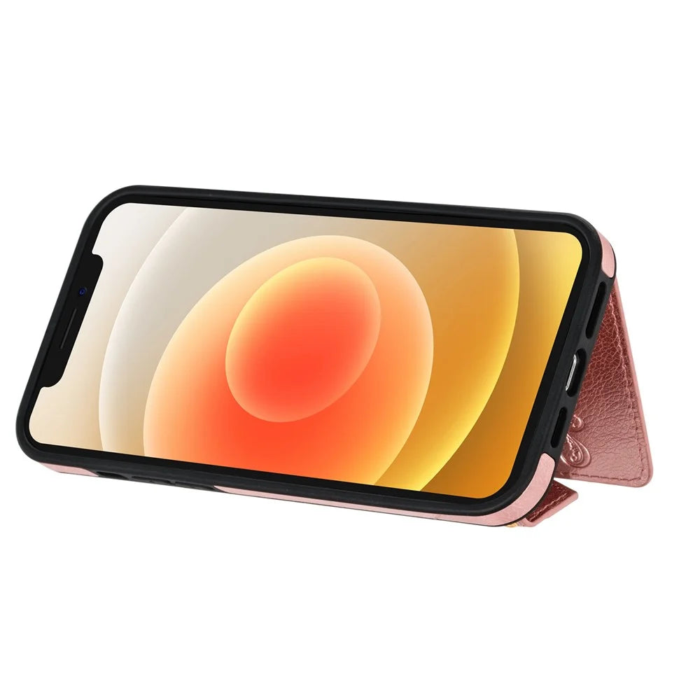 N.BEKUS for iPhone 12 mini 5.4 inch Kickstand Design Wallet Anti-scratch Drop-proof PU Leather + TPU Mobile Phone Case with Long Lanyard - Pink - 5