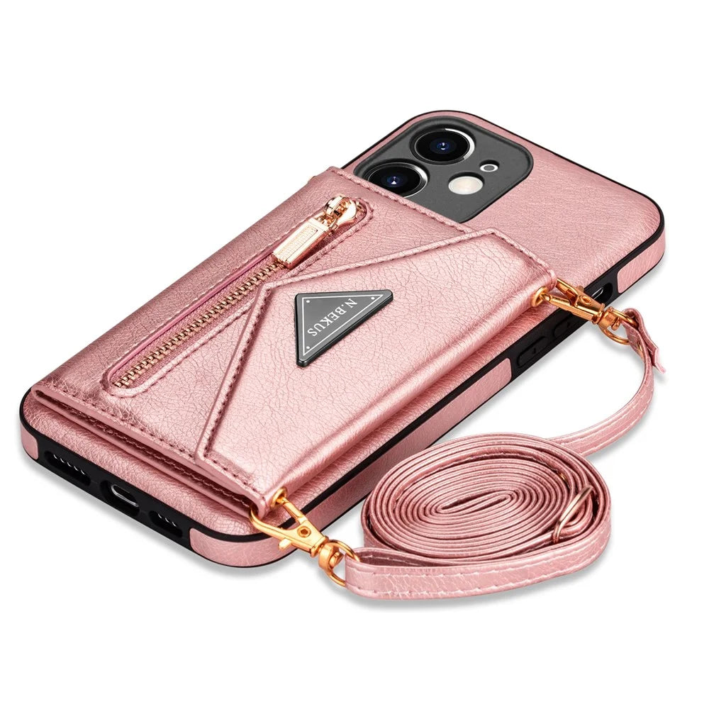 N.BEKUS for iPhone 12 mini 5.4 inch Kickstand Design Wallet Anti-scratch Drop-proof PU Leather + TPU Mobile Phone Case with Long Lanyard - Pink - 7